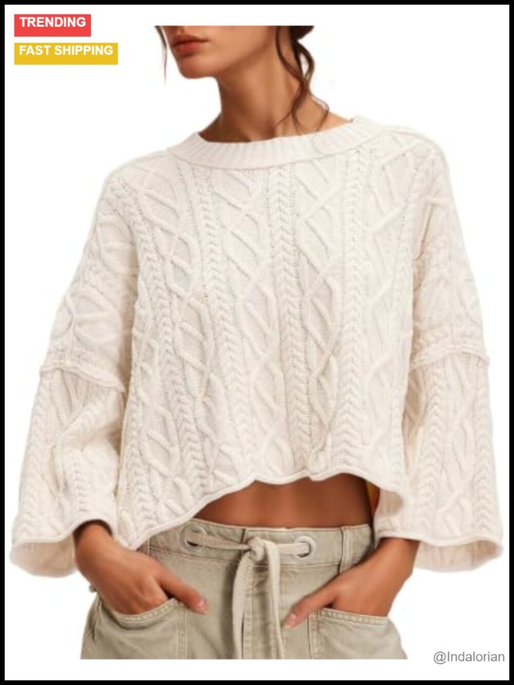 Oversized Cable Knit Cropped Sweater Long Sleeve Pullover Casual Fall Winter